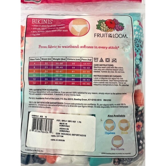 Girls Fruit of the Loom Cotton Bikinis, 10 Pack, Size 10 - Picture 2 of 4